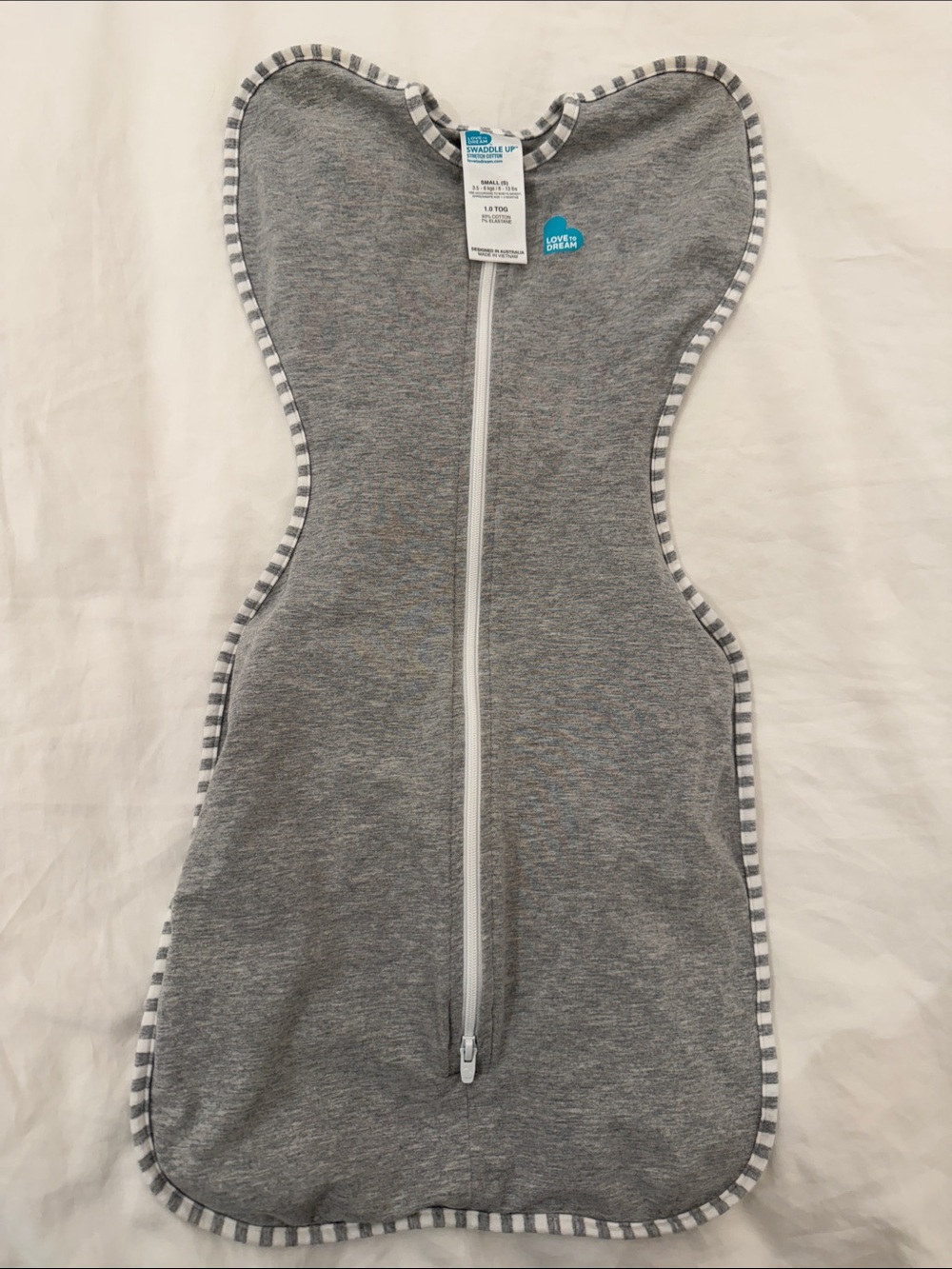 Love to Dream Grey Heather Zip Swaddle with Striped Trim Small 1.0 TOG
